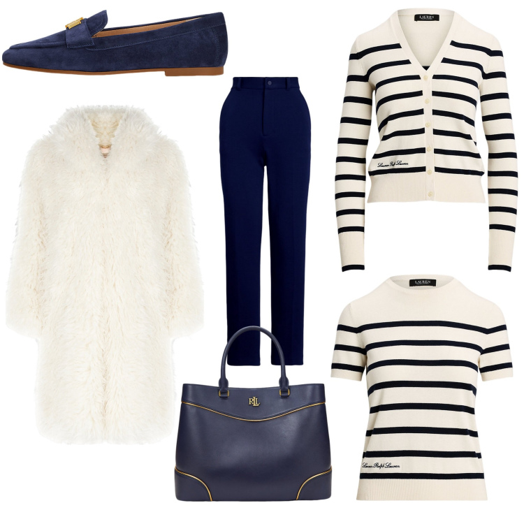 Outfit donna - Righe. Stile Casual chic per Tutti i giorni. Abbinamento con cappotti, pantaloni, mocassini, cardigans, maglieria, borse a mano.
