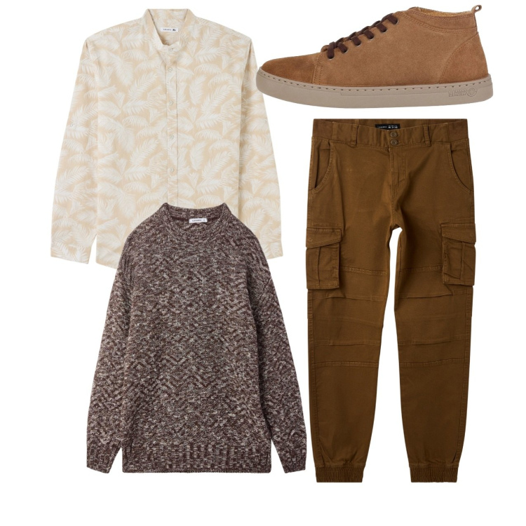 Outfit uomo - City. Stile Casual per Tutti i giorni. Abbinamento con sneakers alte, maglieria, camicie, pantaloni cargo.