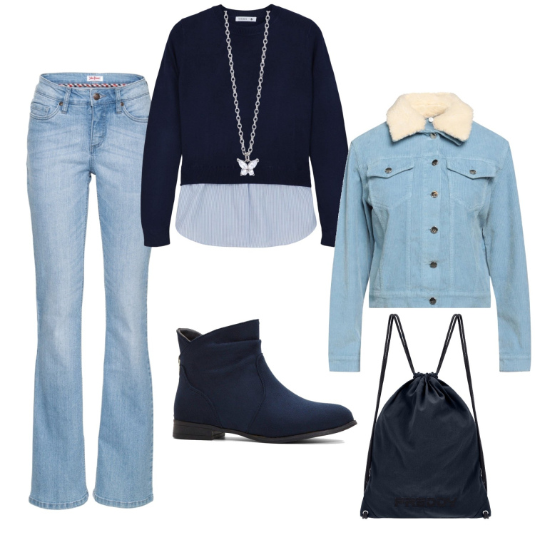 Outfit donna - All’università. Stile Basic per Scuola/Università. Abbinamento con jeans bootcut, stivaletti, blazer, maglieria, collane, zaini.