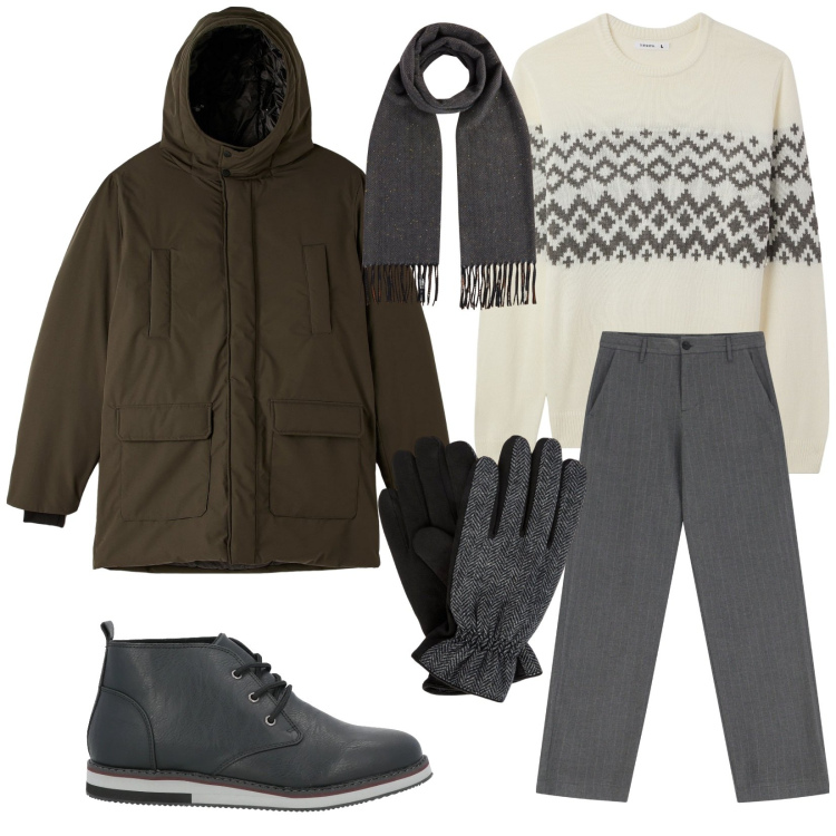 Outfit uomo - Total look #2041587. Stile Casual per Tutti i giorni. Abbinamento con stivali e stivaletti, parka, maglieria, pantaloni, guanti, sciarpe.