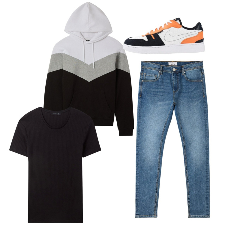 Outfit uomo - City. Stile Casual per Tutti i giorni. Abbinamento con sneakers, t-shirt, jeans skinny, felpe con cappuccio.