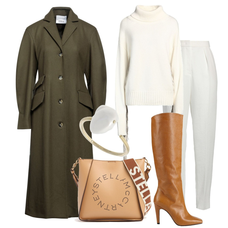 Outfit donna - Eleganza urbana. Stile Casual chic per Tutti i giorni. Abbinamento con stivali, pantaloni, cappotti, maglieria, borse a spalla, anelli.