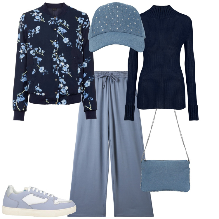 Outfit donna - Total look #2041598. Stile Trendy per Tutti i giorni. Abbinamento con bomber, sneakers, borse a tracolla, cappelli, pantaloni, maglieria.