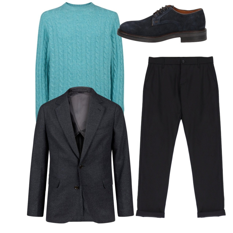 Outfit uomo - Tonalità del blu. Stile Casual per Tutti i giorni. Abbinamento con scarpe stringate, pantaloni, giacche, maglieria.