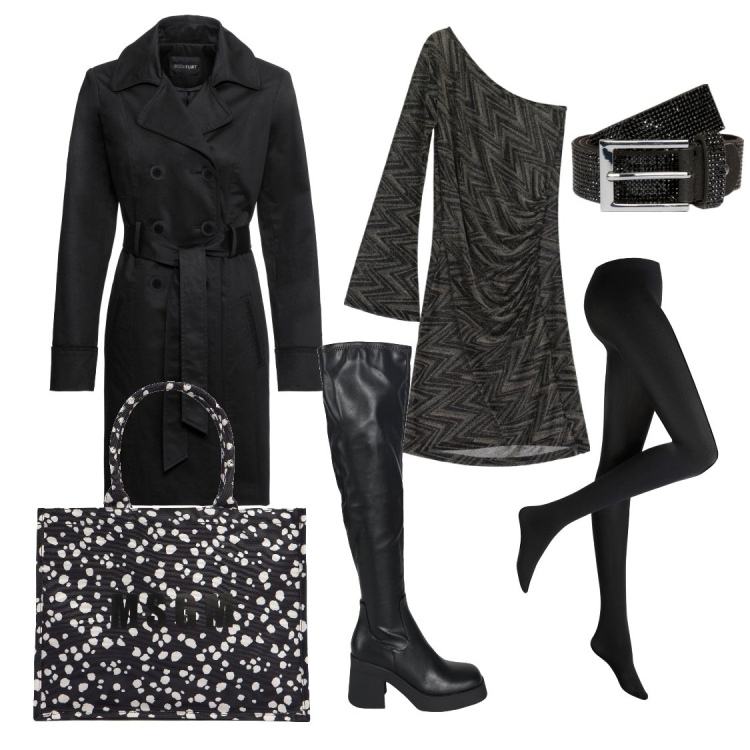Outfit donna - Total black. Stile Chic per Tutti i giorni. Abbinamento con trench, collant, stivali sopra il ginocchio, vestiti asimmetrici, cinture, shopping bag.