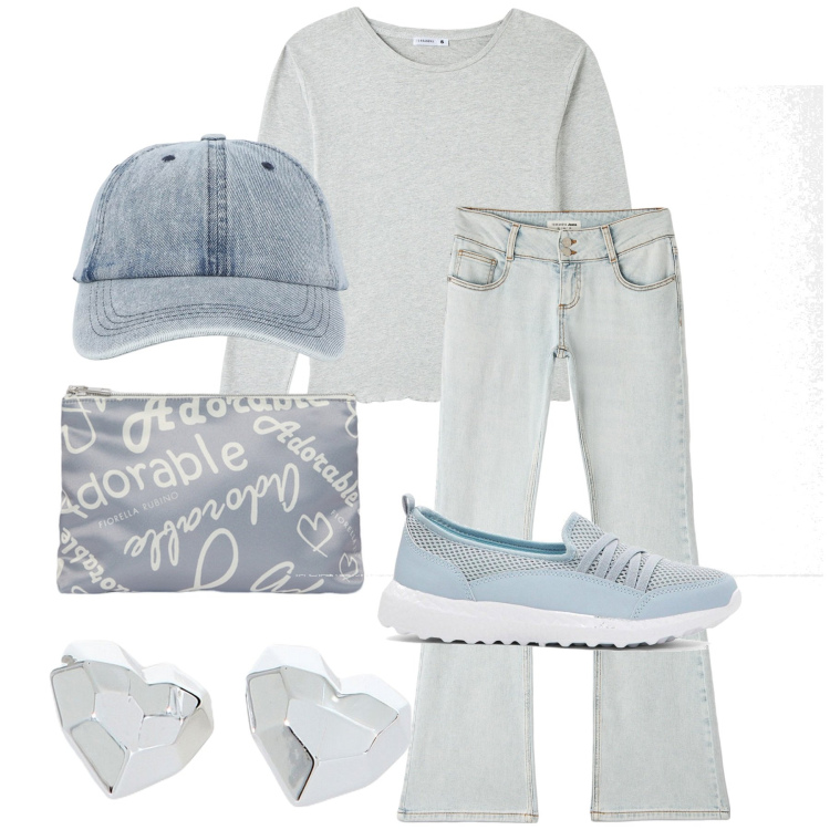 Outfit donna - Ice grey. Stile Casual per Tutti i giorni. Abbinamento con sneakers, cappelli con visiera, t-shirt, jeans a zampa, orecchini, pochette.