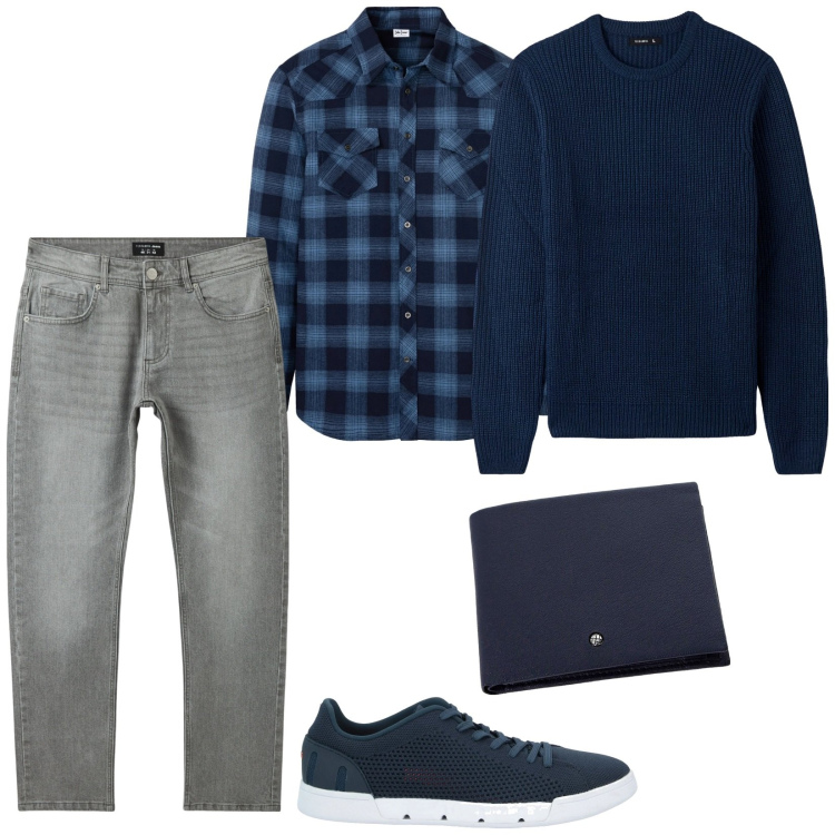 Outfit uomo - Ok cosi. Stile Casual per Tutti i giorni. Abbinamento con camicie, sneakers, maglieria, jeans, portafogli.