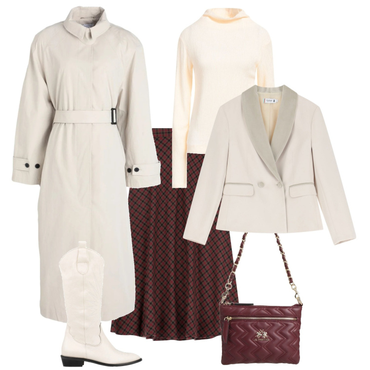 Outfit donna - Total look #2041619. Stile Chic per Ufficio. Abbinamento con stivali, borse a mano, trench, top, blazer, gonne lunghe.