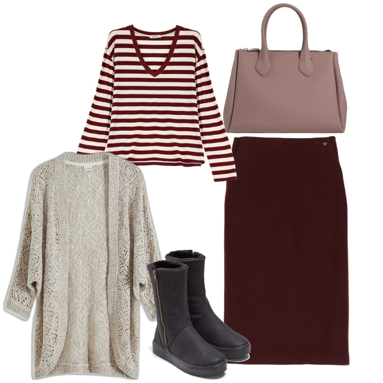Outfit donna - Con le amiche. Stile Bon Ton per Tutti i giorni. Abbinamento con stivali, cardigans, borse a mano, gonne, maglieria.