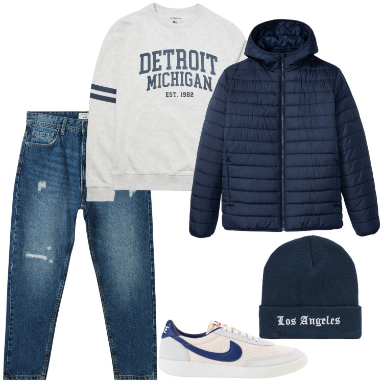Outfit uomo - My boy. Stile Casual per Tutti i giorni. Abbinamento con sneakers, giacche, felpe, berretti, jeans strappati.