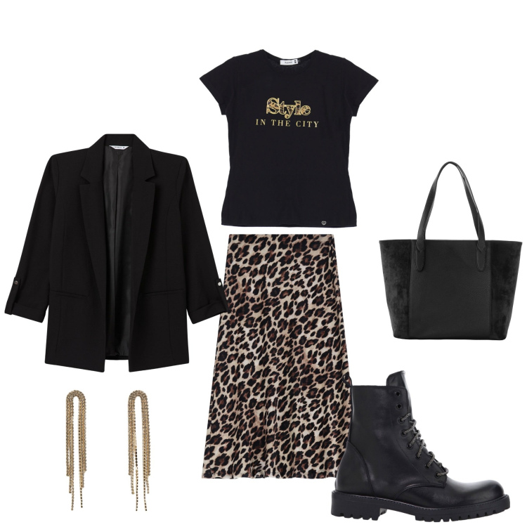 Outfit donna - Jugle city. Stile Casual chic per Tutti i giorni. Abbinamento con shopping bag, blazer, orecchini, t-shirt, gonne longuette, stivaletti.