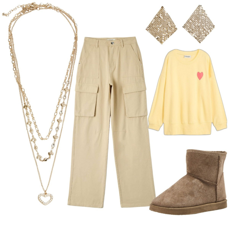 Outfit donna - Amore. Stile Casual per Serata fuori. Abbinamento con felpe, pantaloni cargo, stivaletti, orecchini, collane.