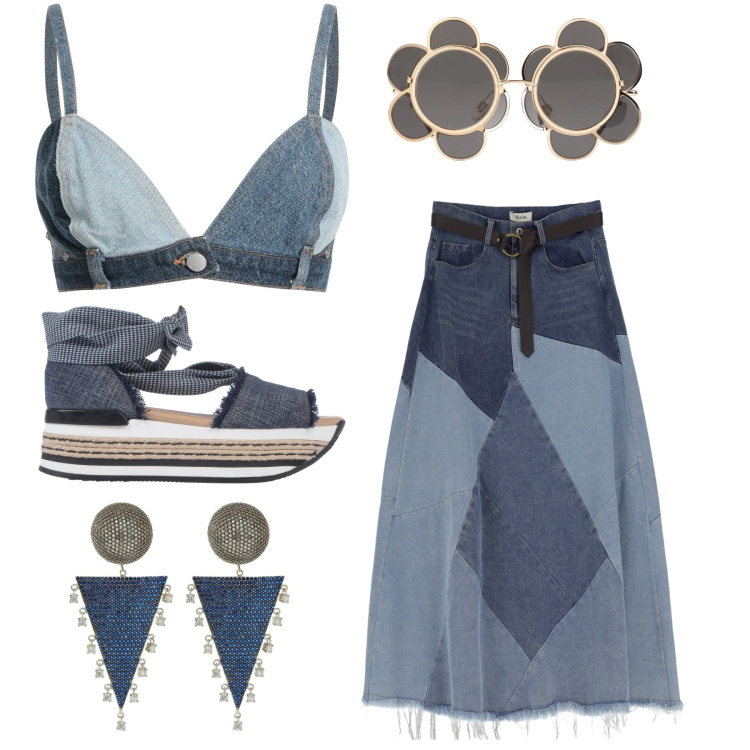 Outfit donna - Boho denim. Stile Boho per Tutti i giorni. Abbinamento con sandali in pelle, top, occhiali da sole, gonne longuette, orecchini.