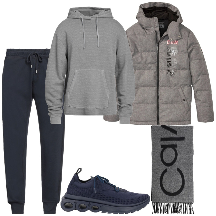 Outfit uomo - Total look #2041661. Stile Casual per Sport. Abbinamento con giacche, sneakers, sciarpe, pantaloni, felpe con cappuccio.