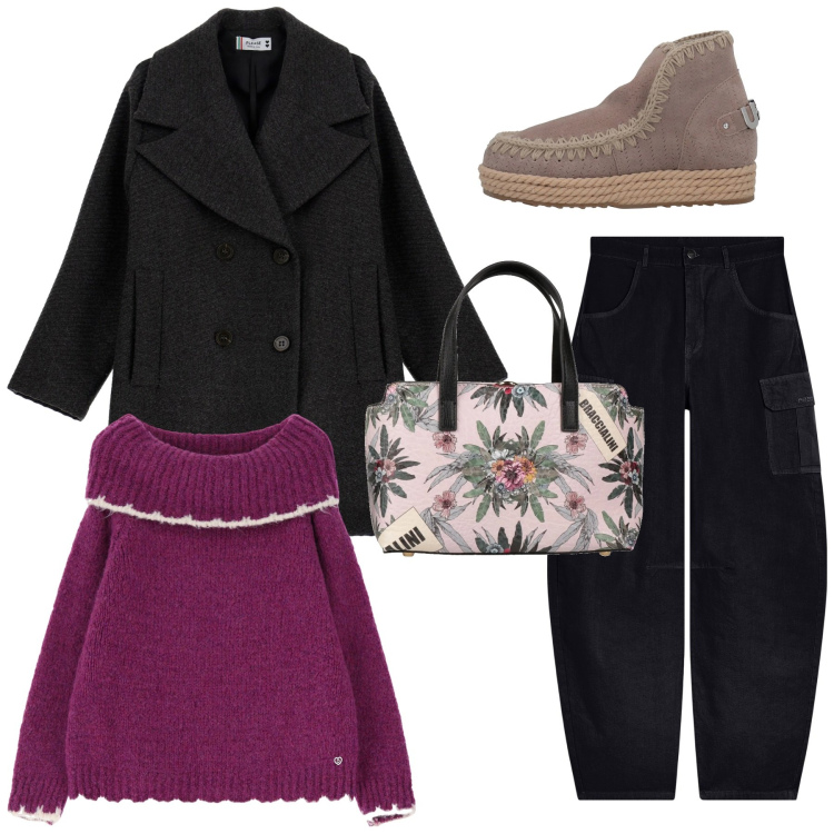 Outfit donna - Il pull fucsia. Stile Romantica per Tutti i giorni. Abbinamento con stivaletti, borse a mano, cappotti, maglieria, pantaloni cargo.