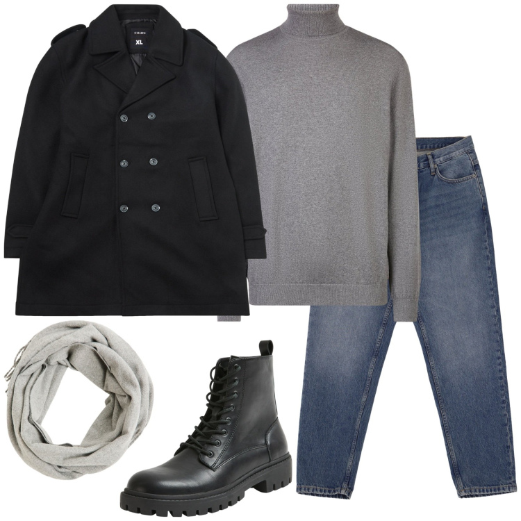 Outfit uomo - Total look #2041664. Stile Casual per Tutti i giorni. Abbinamento con sciarpe, cappotti, anfibi, jeans, maglieria.