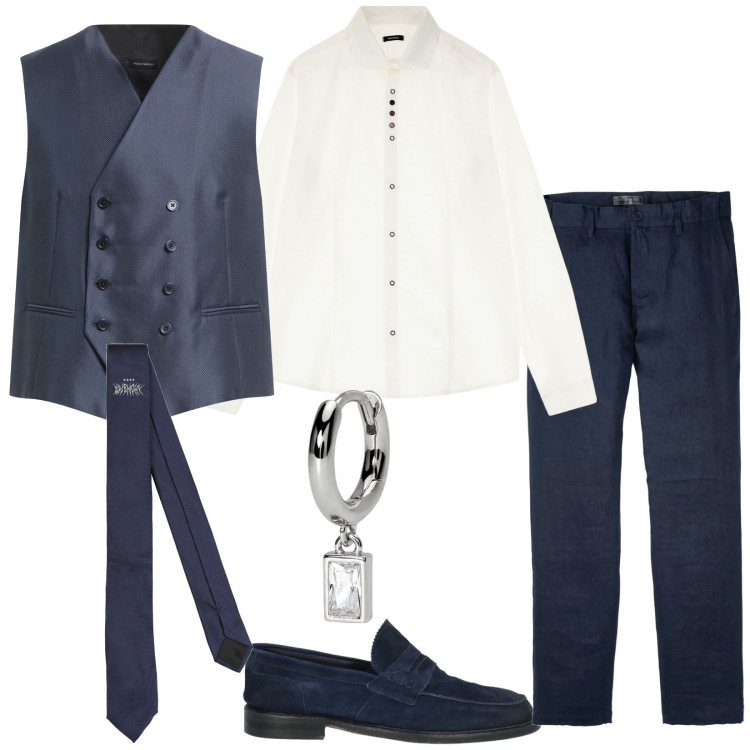 Outfit uomo - Cerimonia. Stile Business/Elegante per Cerimonia. Abbinamento con pantaloni, gilet, scarpe stringate, cravatte, orecchini, camicie.