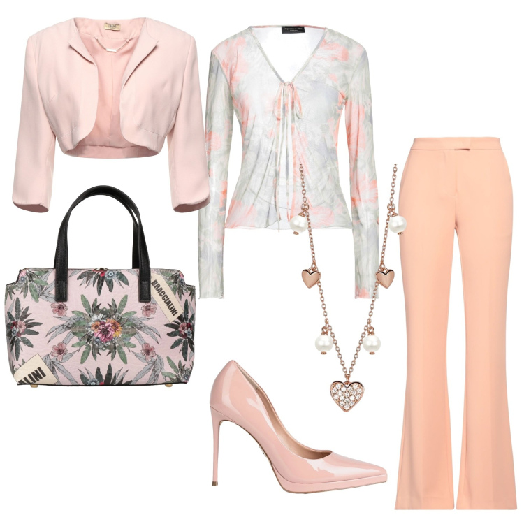 Outfit donna - Floreale. Stile Chic per Cerimonia. Abbinamento con pantaloni, décolleté, blazer, top, borse a mano, collane.