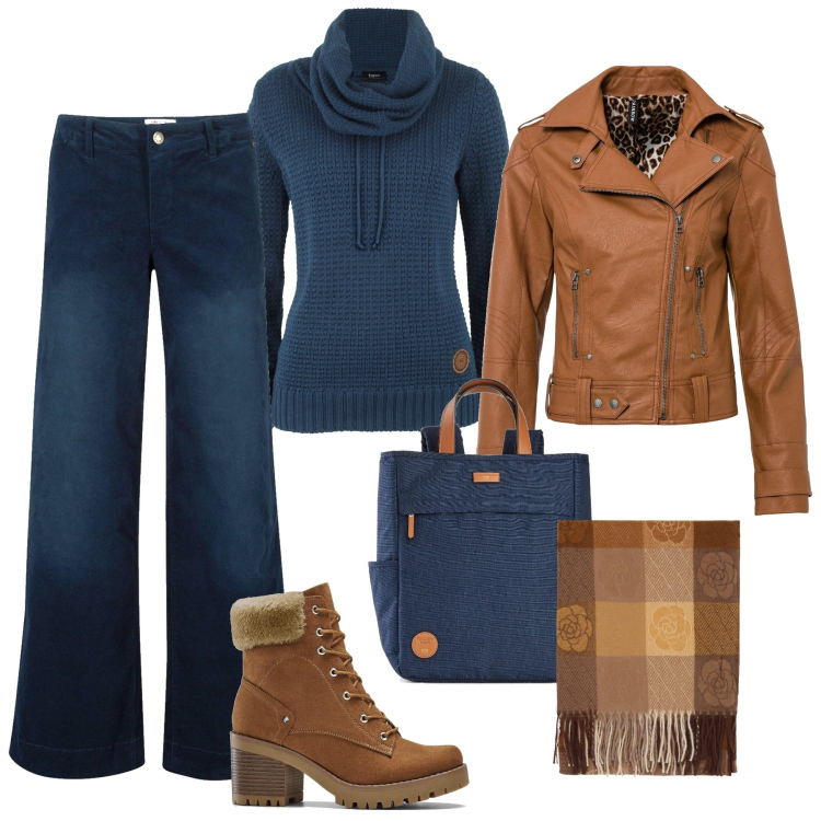 Outfit donna - Blu e cognac. Stile Casual per Tutti i giorni. Abbinamento con pantaloni, maglieria, stivaletti, blazer, zaini, foulard.