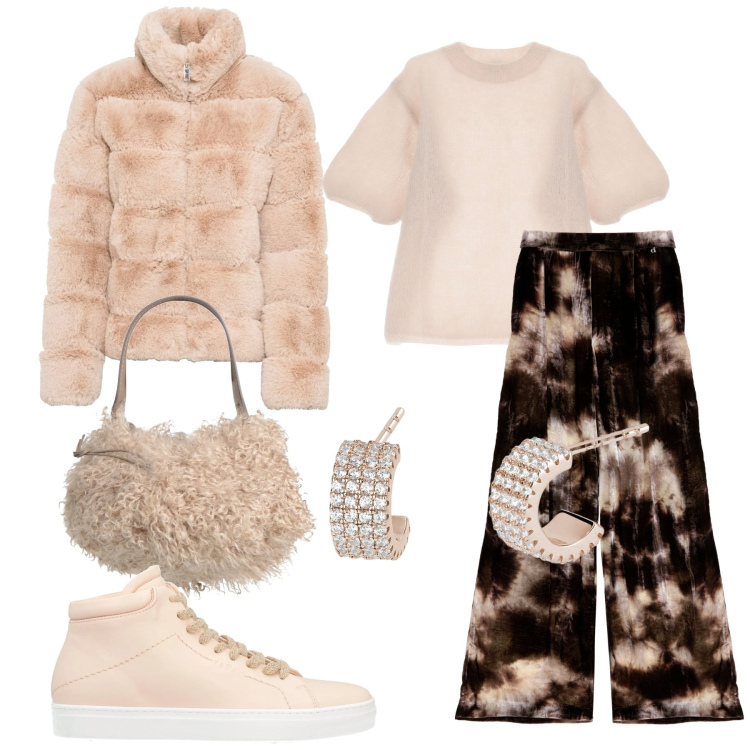 Outfit donna - Total look #2041709. Stile Glamour per Serata fuori. Abbinamento con ecopellicce, borse a secchiello, sneakers alte, orecchini, pantaloni, pullovers.