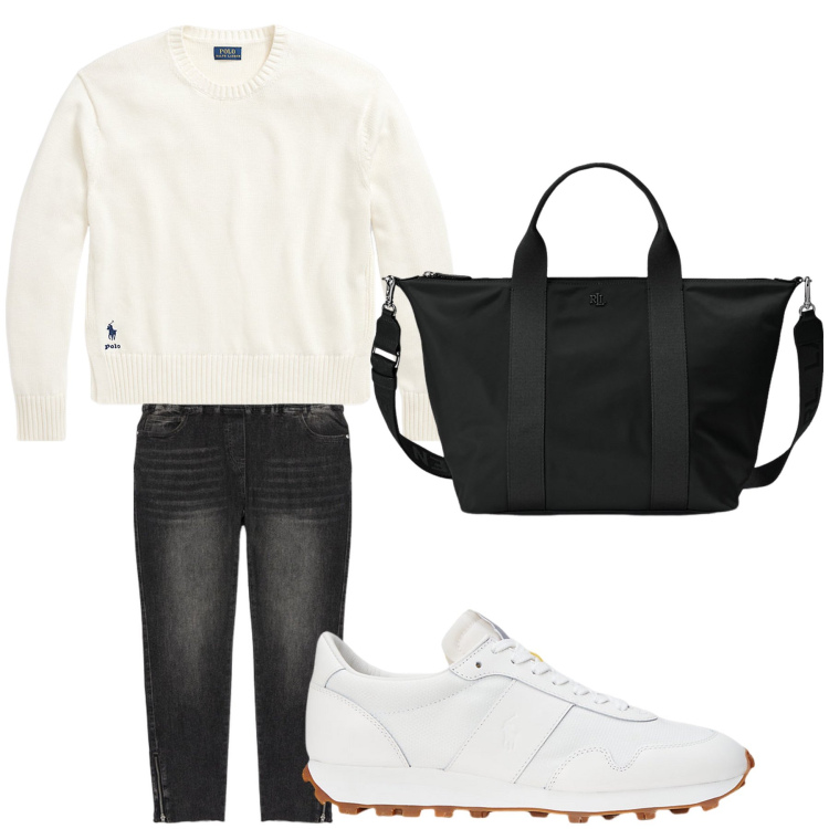 Outfit donna - Aperitivo. Stile Trendy per Tutti i giorni. Abbinamento con sneakers, borse tote, maglieria, jeggings.