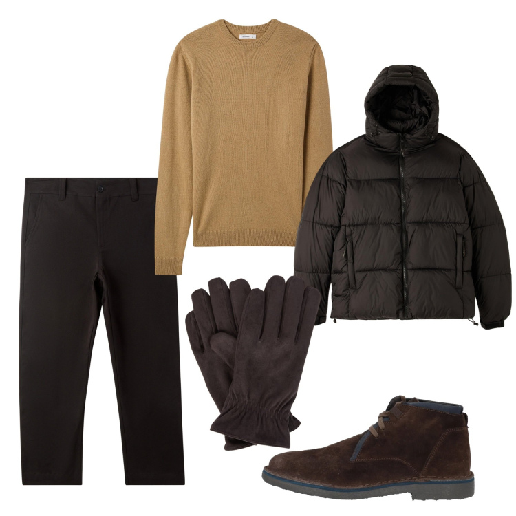 Outfit uomo - Moka scuro. Stile Casual per Tutti i giorni. Abbinamento con stivali e stivaletti, pantaloni chino, piumini, maglieria, guanti.
