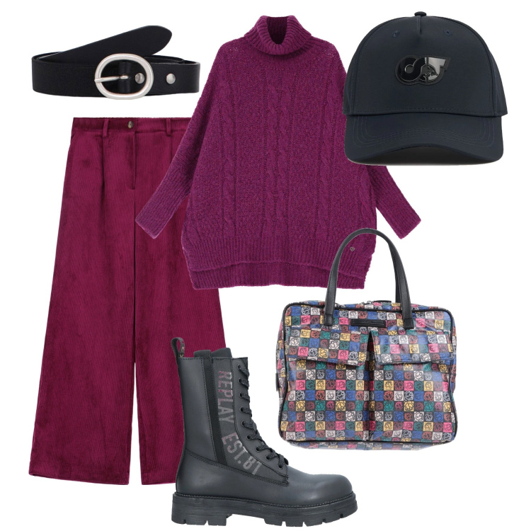 Outfit donna - Città amarena. Stile Urban per Tutti i giorni. Abbinamento con anfibi, borse a tracolla, maglieria, pantaloni a palazzo, cinture, cappelli.