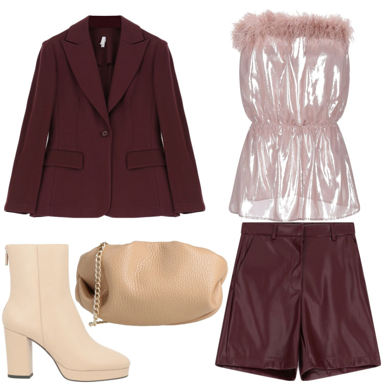 Outfit donna - Top rosa laminato. Stile Glamour per Serata fuori. Abbinamento con top, stivaletti, borse a tracolla, shorts, blazer.