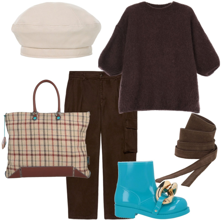Outfit donna - La bag scozzese. Stile Minimal per Tutti i giorni. Abbinamento con borse a mano, stivaletti, cinture, maglieria, cappelli e berretti, pantaloni cargo.