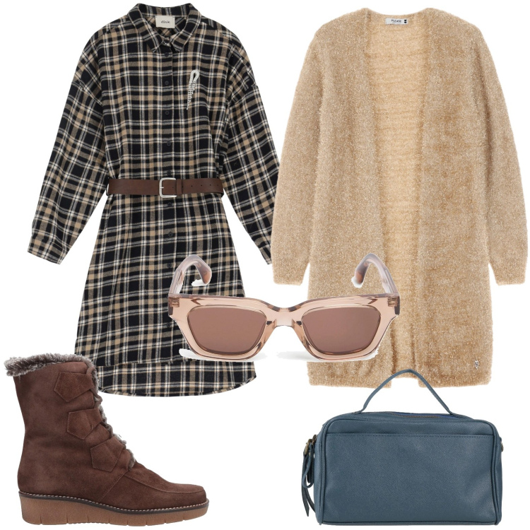 Outfit donna - Look bucolico. Stile Casual chic per Tutti i giorni. Abbinamento con stivaletti, borse a mano, cardigans, vestiti corti, occhiali da sole.