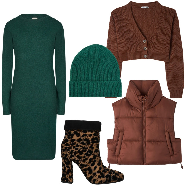 Outfit donna - Un tocco di animalier. Stile Minimal per Tutti i giorni. Abbinamento con stivaletti, cardigans, piumini, berretti, vestiti midi/longuette.