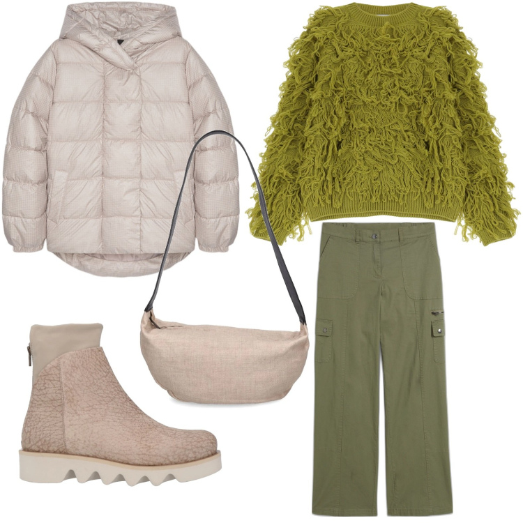 Outfit donna - Il maglione effetto pelliccia. Stile Basic per Tutti i giorni. Abbinamento con pantaloni cargo, stivaletti, maglieria, piumini, borse a spalla.