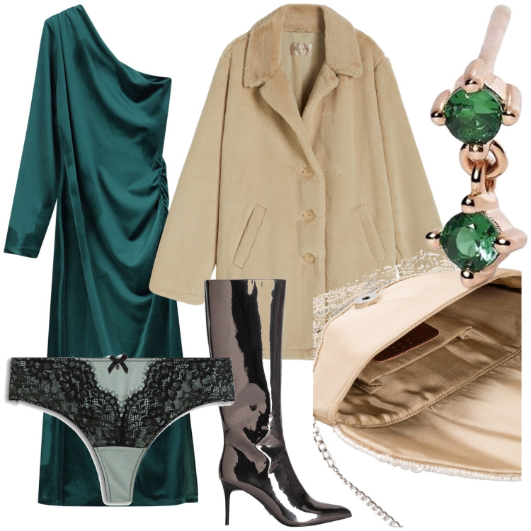 Outfit donna - Il raso sempre glamour. Stile Glamour per Serata fuori. Abbinamento con pochette, culotte, stivali, orecchini, cappotti, vestiti asimmetrici.