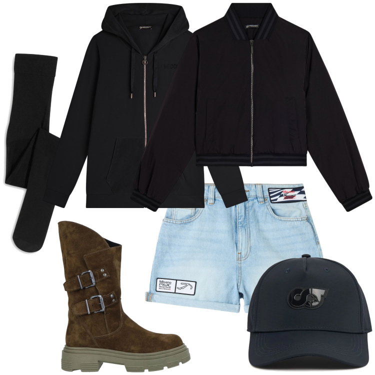 Outfit donna - Freddo non ti temo. Stile Casual per Tutti i giorni. Abbinamento con collant, stivali, shorts, bomber, felpe con cappuccio, cappelli.