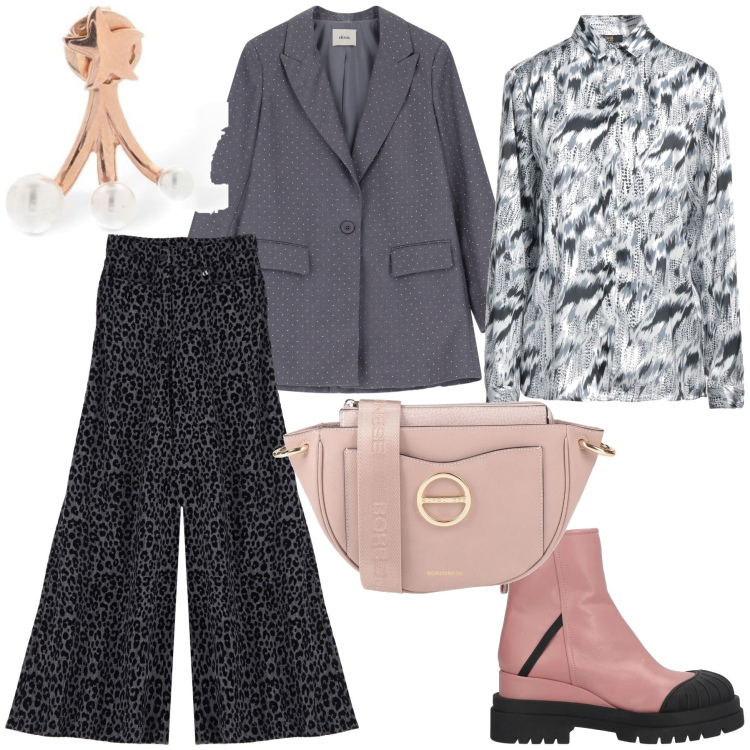 Outfit donna - Grigio e rosa per il lavoro. Stile Bon Ton per Ufficio. Abbinamento con camicie, stivaletti, borse a tracolla, blazer, pantaloni, orecchini.