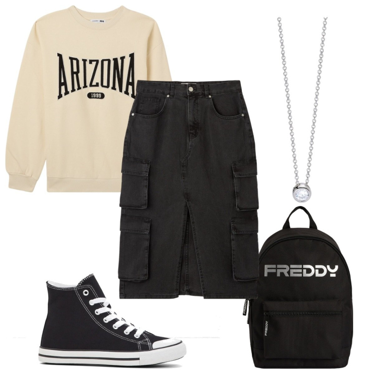 Outfit donna - Total look #2041775. Stile Urban per Tutti i giorni. Abbinamento con sneakers alte, felpe, gonne longuette, collane, zaini.