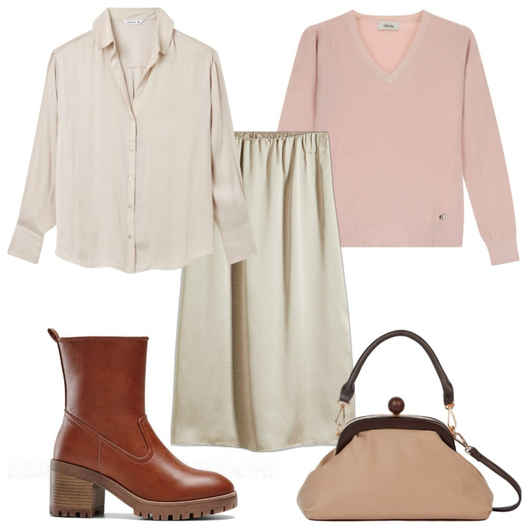 Outfit donna - Total look #2041778. Stile Trendy per Tutti i giorni. Abbinamento con stivaletti, gonne longuette, camicie, maglieria, clutch.