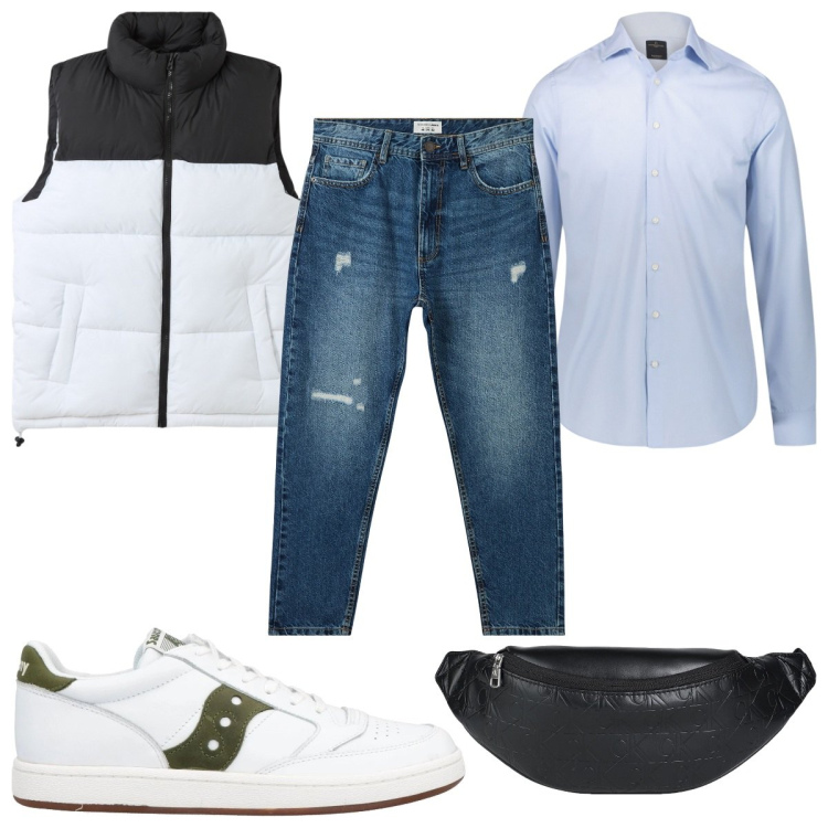 Outfit uomo - Total look #2041785. Stile Trendy per Tutti i giorni. Abbinamento con sneakers, borse sportive, jeans strappati, piumini, camicie.