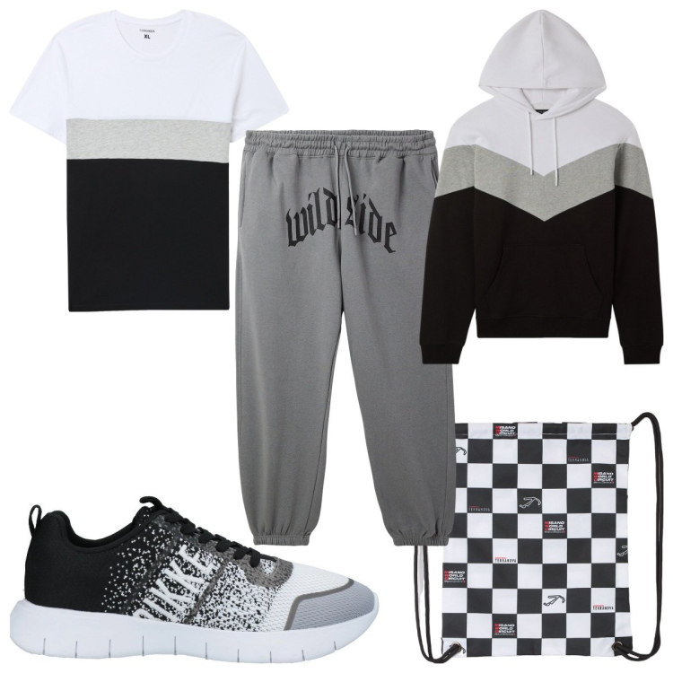 Outfit uomo - Total look #2041786. Stile Trendy per Sport. Abbinamento con sneakers, t-shirt, borse sportive, pantaloni, felpe con cappuccio.