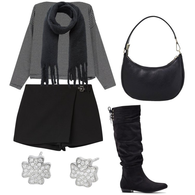 Outfit donna - Young. Stile Casual chic per Serata fuori. Abbinamento con stivali, sciarpe, minigonne, orecchini, maglieria, borse a spalla.