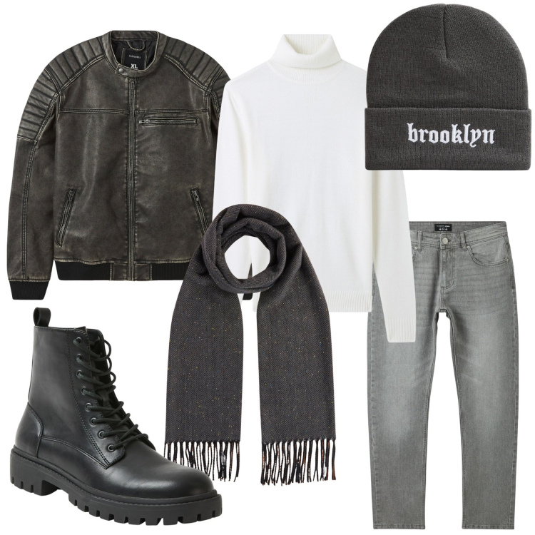Outfit uomo - Rocky in grigio. Stile Biker Rock per Tutti i giorni. Abbinamento con jeans, giacche, anfibi, maglieria, berretti, sciarpe.