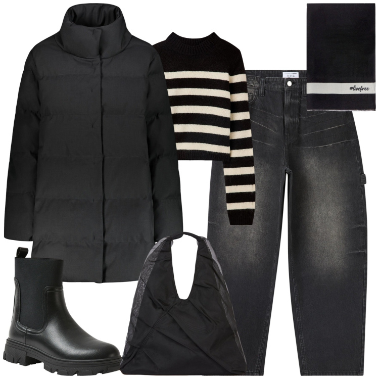 Outfit donna - Il piumino doppelganger. Stile Urban per Tutti i giorni. Abbinamento con jeans, stivaletti chelsea, maglieria, piumini, shopping bag, sciarpe.