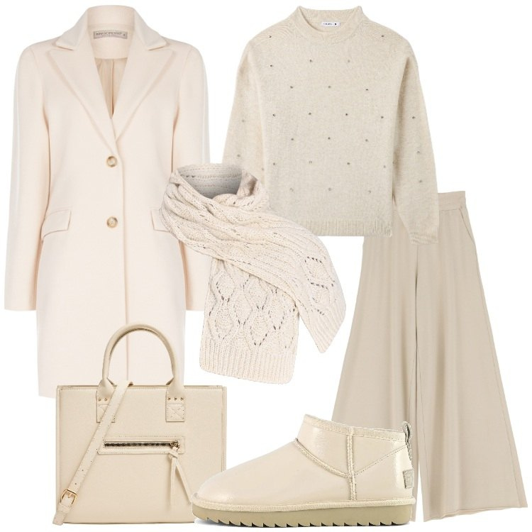 Outfit donna - Urban Escape. Stile Trendy per Tutti i giorni. Abbinamento con cappotti, sciarpe, maglieria, shopping bag, pantaloni, stivali.