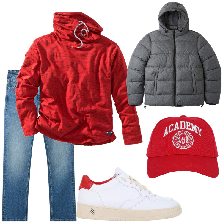 Outfit uomo - Total look #2041825. Stile Trendy per Tutti i giorni. Abbinamento con maglieria, jeans, cappelli, piumini, sneakers.