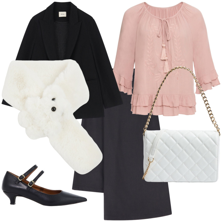 Outfit donna - Stile sempre. Stile Bon Ton per Ufficio. Abbinamento con tuniche, sciarpe, borse a tracolla, décolleté, gonne, blazer.