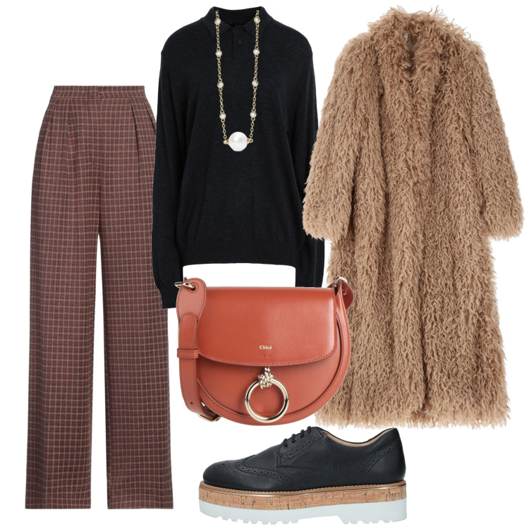 Outfit donna - Le stringate col sughero. Stile Bon Ton per Ufficio. Abbinamento con scarpe stringate, pantaloni, borse a tracolla, pullovers, collane, cappotti.