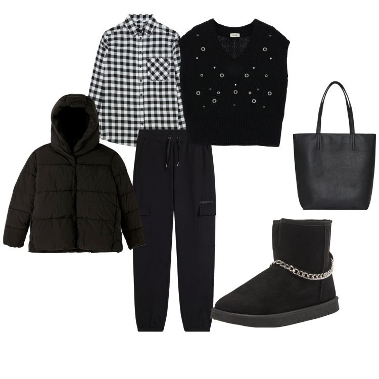 Outfit donna - È domenica, compro i dolci. per Tutti i giorni. Abbinamento con borse tote, stivaletti, piumini, camicie, pantaloni cargo, gilet.
