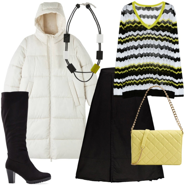 Outfit donna - Un tocco di giallo. Stile Urban per Tutti i giorni. Abbinamento con stivali, piumini, borse a tracolla, gonne lunghe, maglieria, collane.