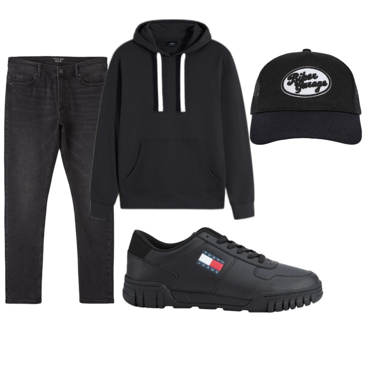 Outfit uomo - Total look #2041852. Stile Casual per Tutti i giorni. Abbinamento con felpe con cappuccio, sneakers, cappelli, jeans skinny.