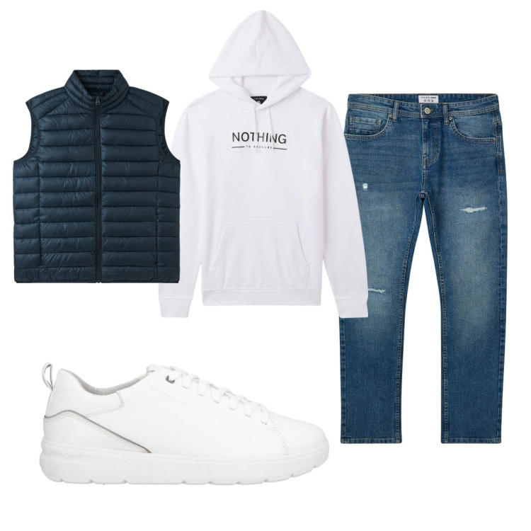 Outfit uomo - Total look #2041857. Stile Casual per Tutti i giorni. Abbinamento con sneakers, felpe con cappuccio, gilet, jeans strappati.